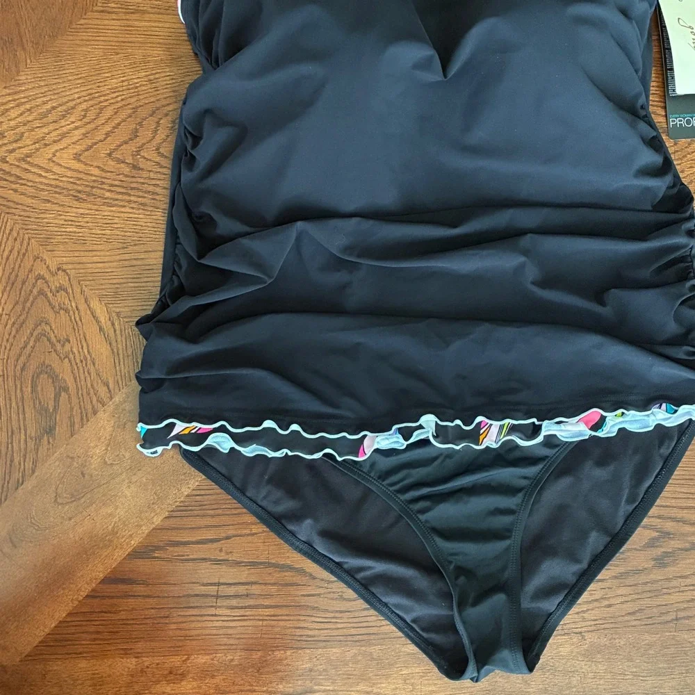Profile‎ by Gottex Tankini 22W Black Ruched Lettuce Trim Swimsuit NWT*Read*